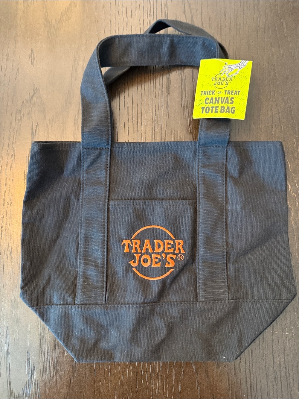 Trader Joe’s Halloween Trick or Treat Black Canvas Tote Bag Orange Logo NWT